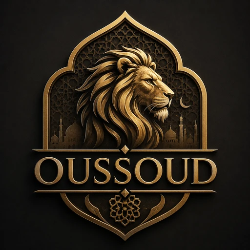 Logo Oussoud — tête de lion dorée dans une arche islamique
